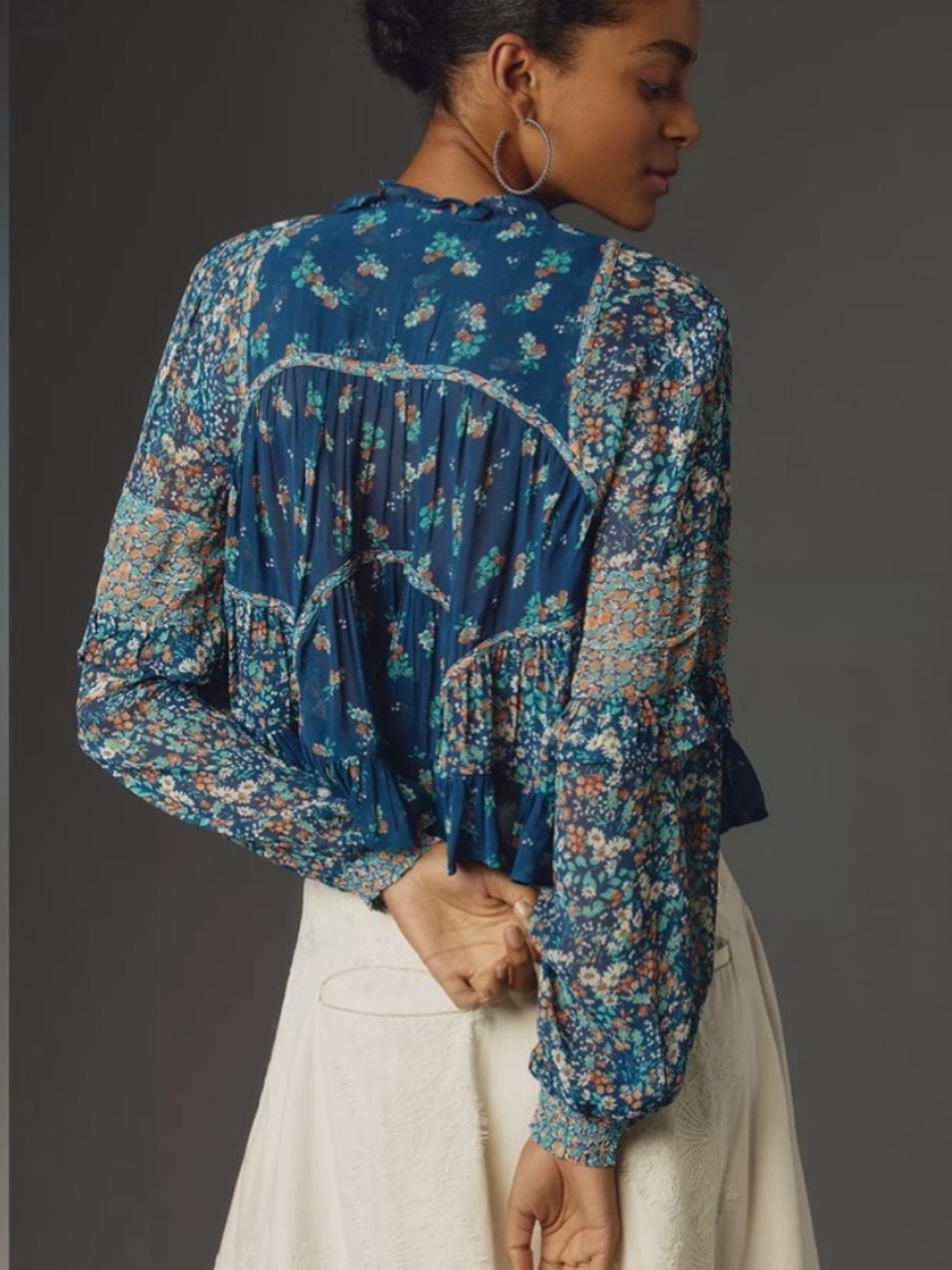By Anthropologie teal mixed floral print sheer cropped babydoll top size small - Picture 2 of 9